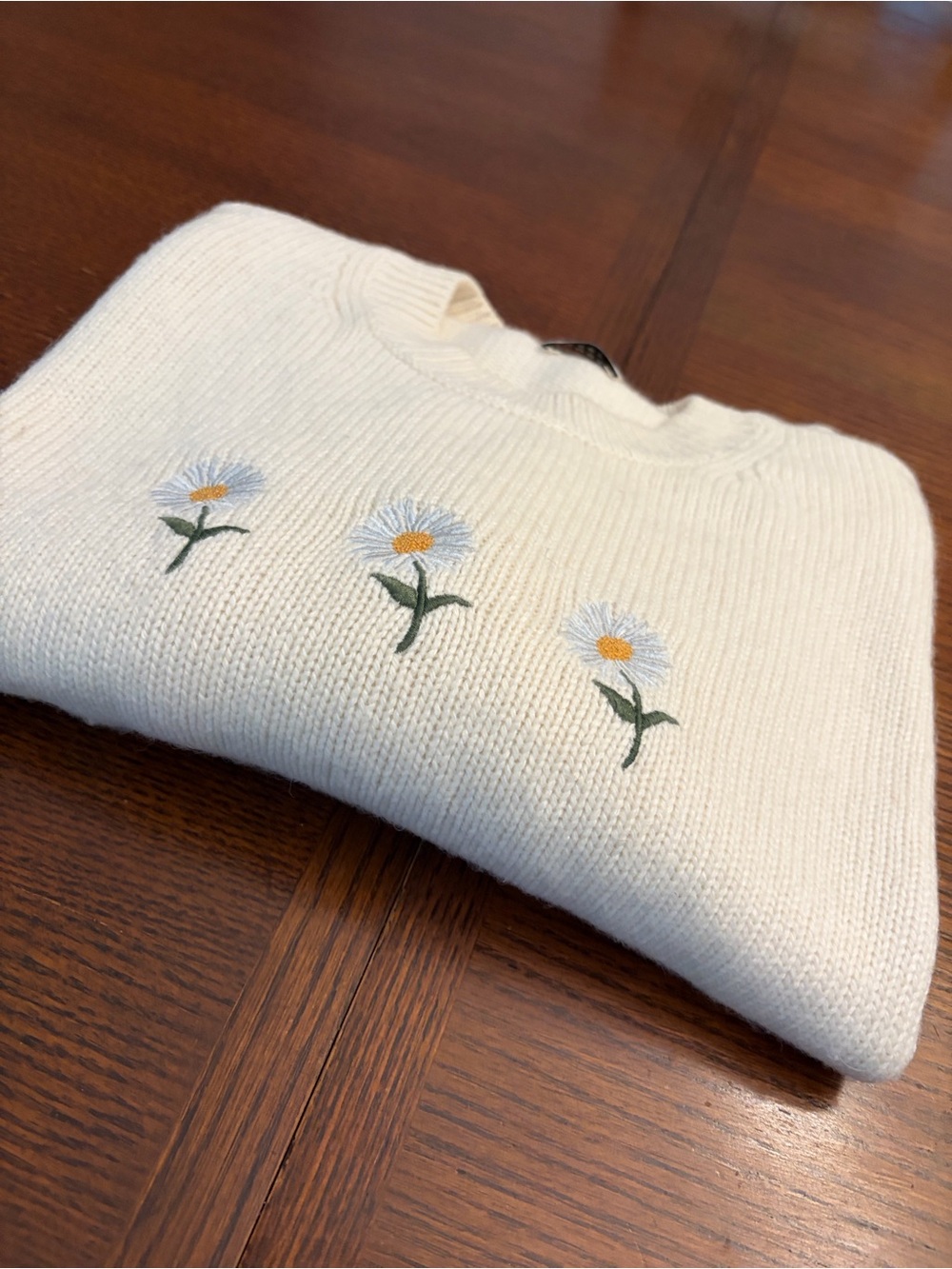 Sunday Best Cream Crewneck Sweater with Daisy Embroidery